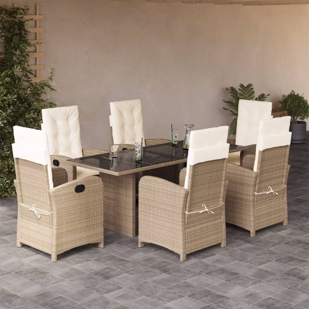 Set da Pranzo da Giardino vidaXL in Polyrattan con Cuscini Beige e Tavolo in Vetro, 7 Pezzi – 1