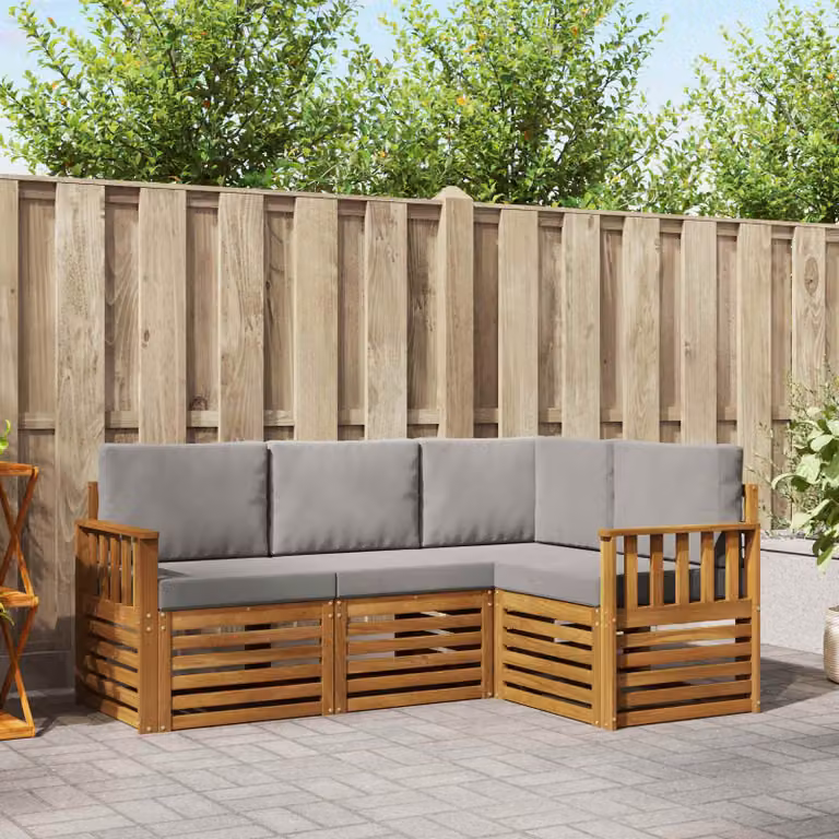 Set di divani da esterno vidaXL 4 pz in legno di acacia con cuscini, design a L moderno, colore naturale e grigio chiaro