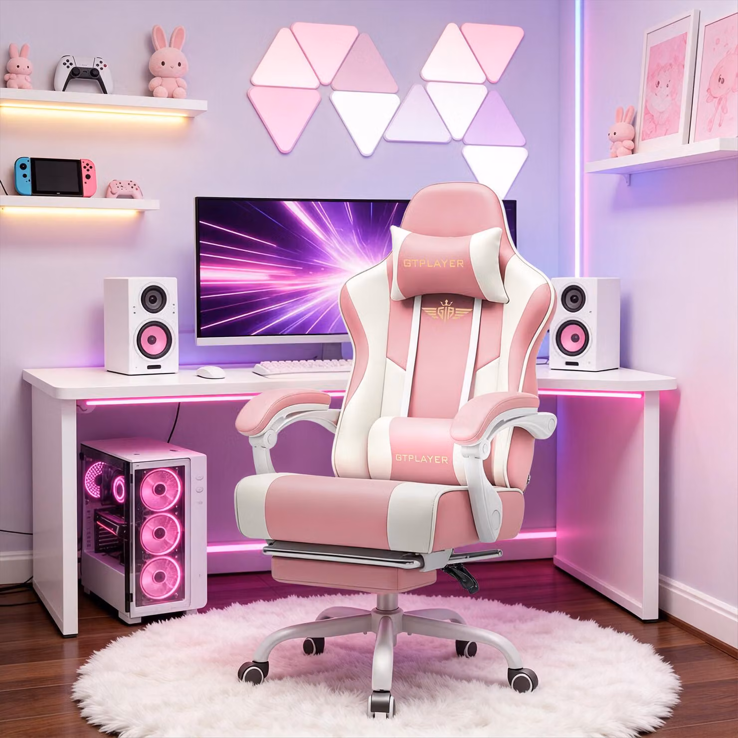 Sedia da gaming GTPLAYER - Sedia da gaming ergonomica con poggiapiedi, poggiatesta e supporto lombare, regolabile in altezza, colore ROSA