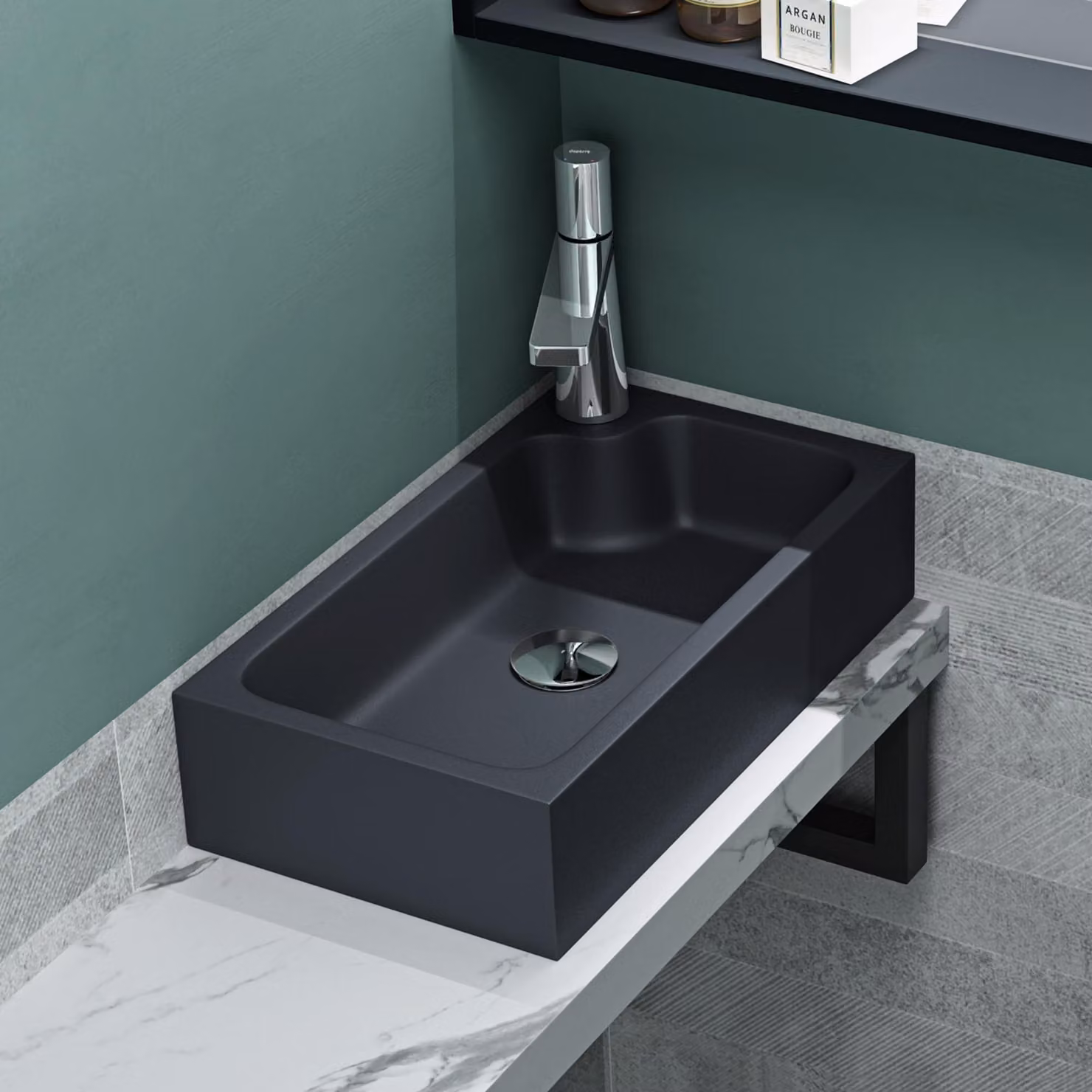 Lavabo con rubinetto, dimensioni 46x26x11 cm, realizzato in resina minerale