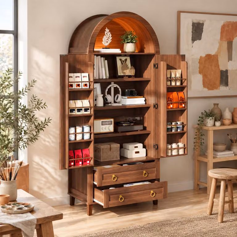 Armadio alto owish dal design moderno con frontale in rattan, illuminazione LED controllabile tramite app, 2 cassetti, organizer per ante, maniglie in stile vintage e finitura in noce