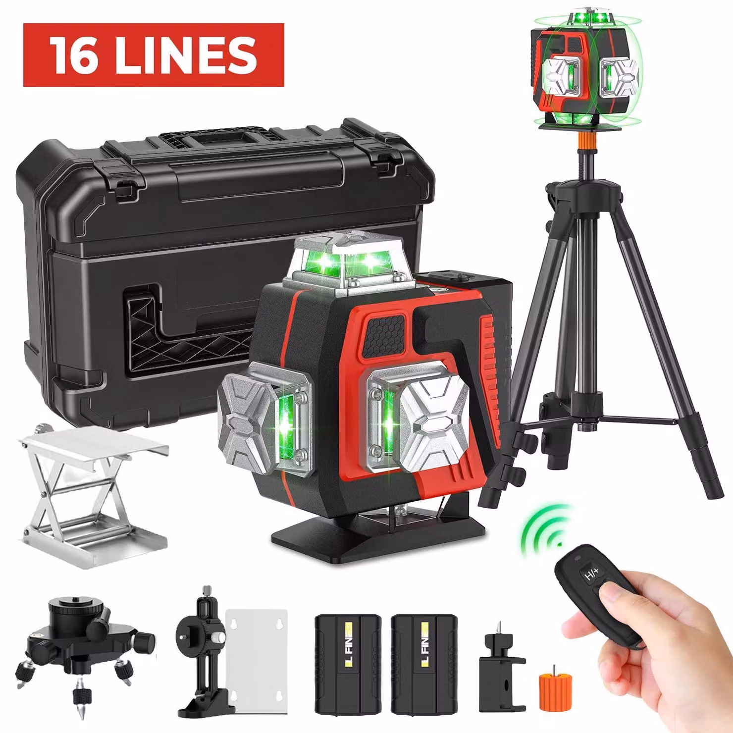 Livella laser 4D - Laser a linee incrociate a 16 linee - Autolivellante 3° - Linee da 360° per pareti e pavimenti - Treppiede da 1 m - Valigetta in plastica