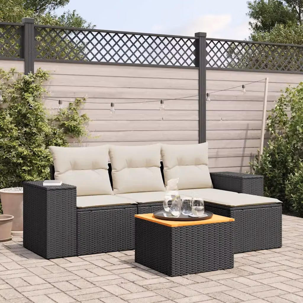 Set Salotto da Giardino Moderno a L con 5 Pezzi in Polyrattan Nero e Legno di Acacia con Cuscini Inclusi – 2