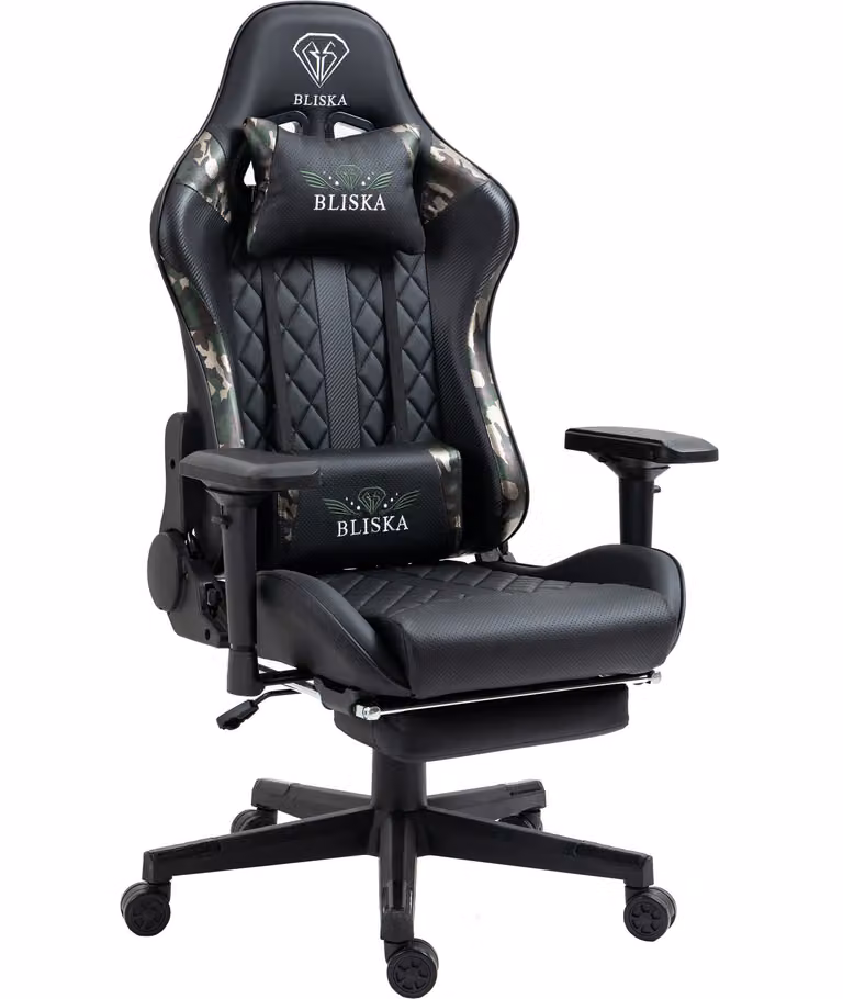 Poltrona da ufficio Chair Racing con poggiapiedi e braccioli ergonomici 4D, design sportivo ed ergonomico, colore: nero/verde militare