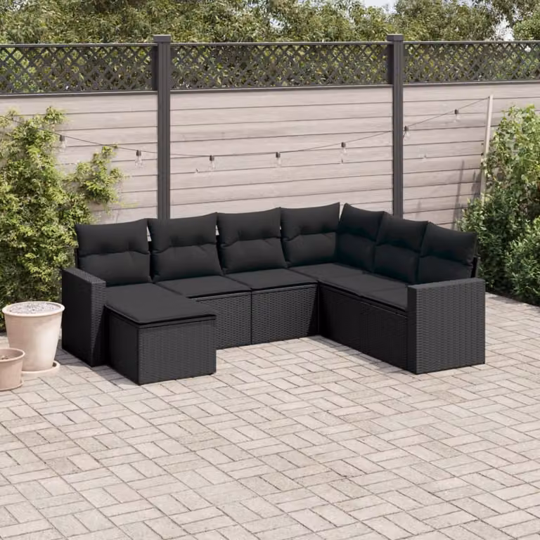 vidaXL Set Divani da Giardino a L con Cuscini 7pz Nero in Polyrattan e Metallo