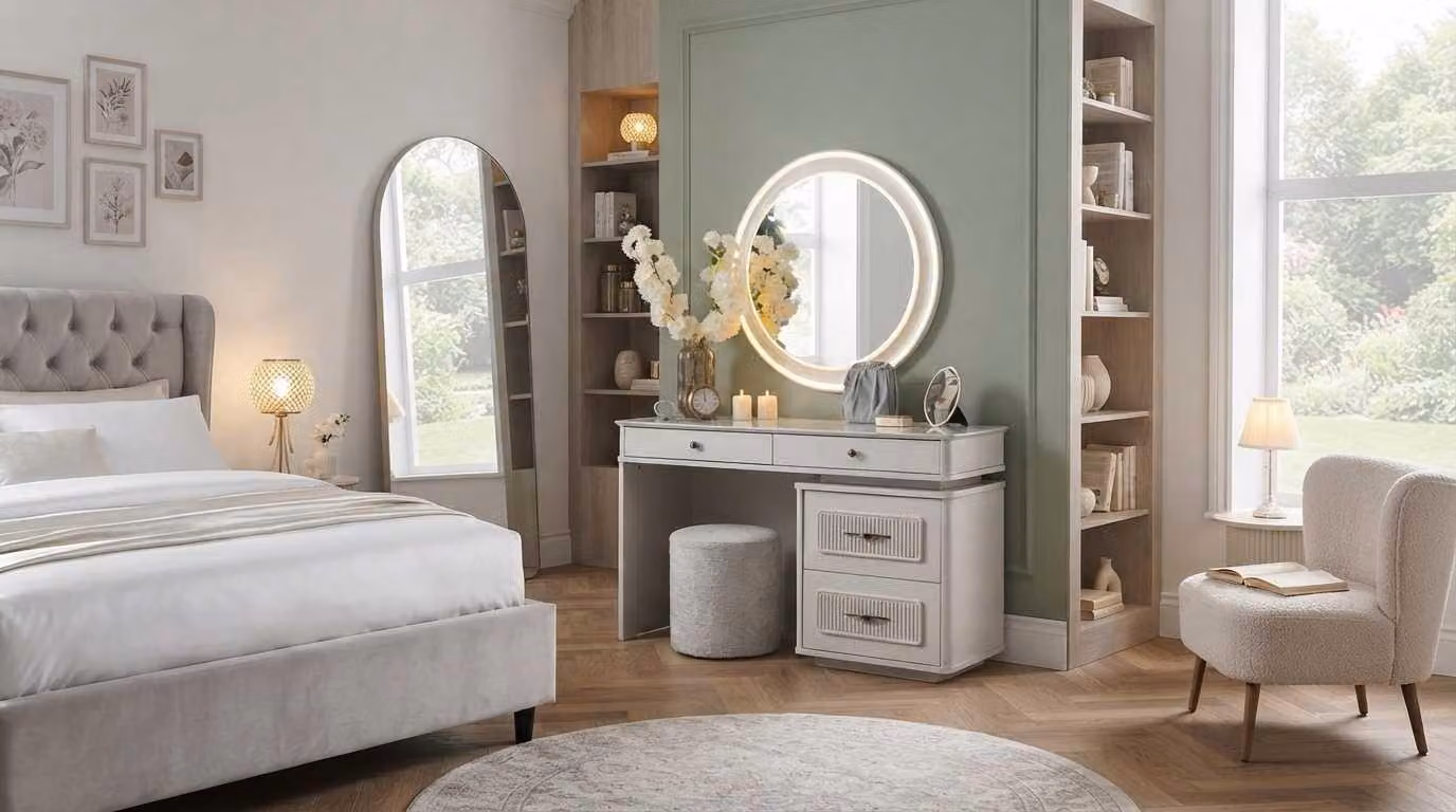 Tavolino da trucco con specchio, sgabello, colore beige, design moderno, set