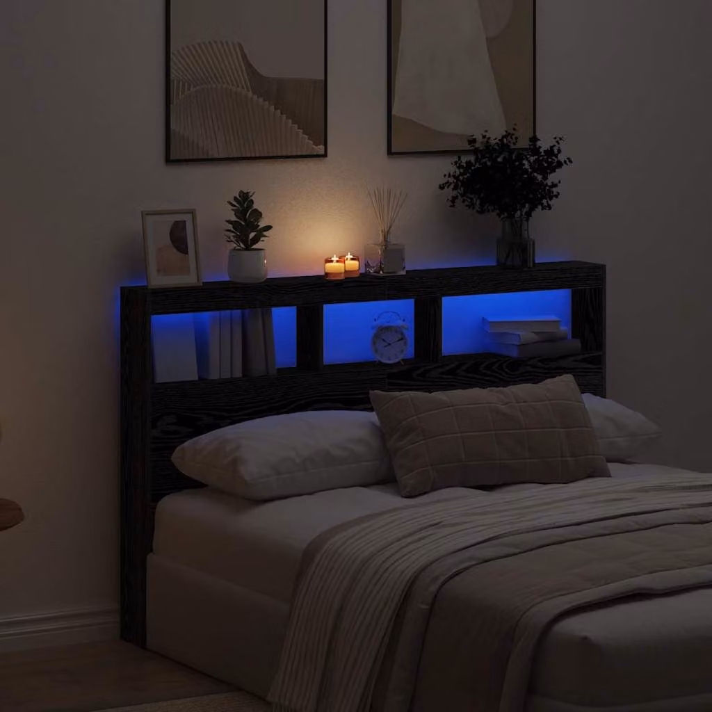 Testiera con Contenitore vidaXL in Rovere Nero con Illuminazione LED e Porte USB, L 160 x P 17 x H 102 cm