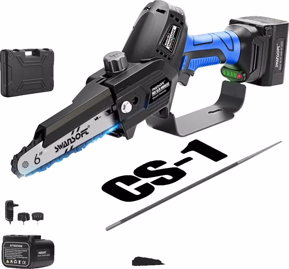 Mini motosega, sistema autolubrificante, potente motore da 500W, cs-1 blu, due batterie