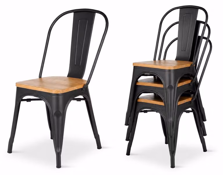 Set di 4 sedie da pranzo industriali, in metallo e legno, impilabili, capacità massima di 150 kg