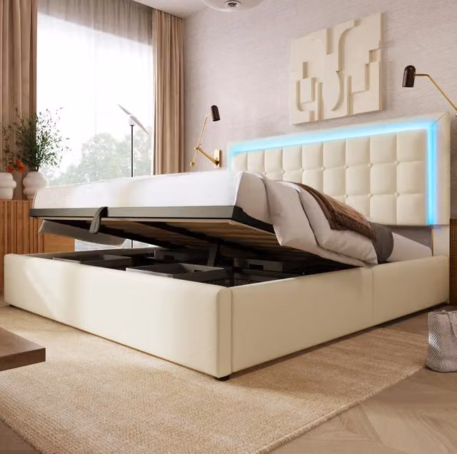 Letto contenitore 180x200 cm in similpelle bianca con LED, senza materasso