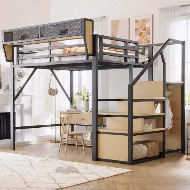 Letto a soppalco 140 × 200 cm con scala di sicurezza e mensola rimovibile, senza materasso, in metallo nero