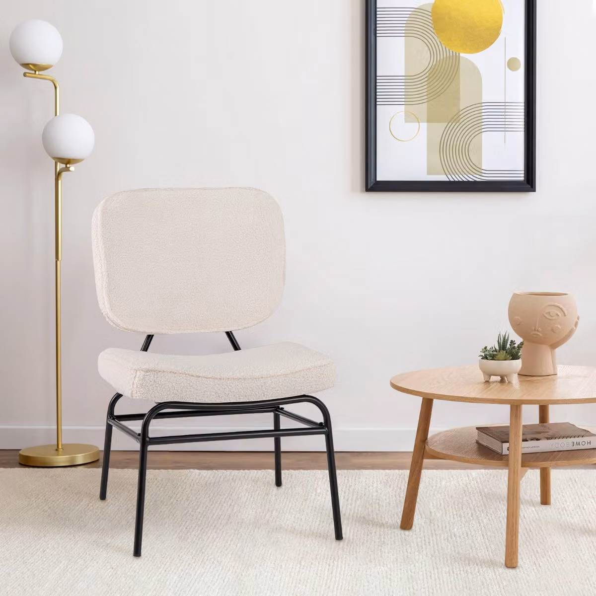 Sedia da lettura accento Costway imbottita in sherpa con struttura in metallo e piedini regolabili, Beige