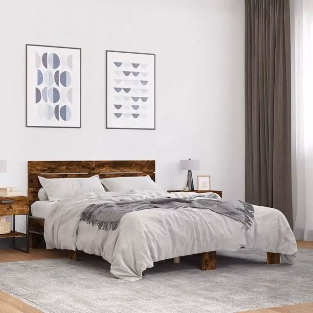 Letto Giroletto vidaXL in Rovere Fumo e Metallo, L/P/H: 200 x 140 x 30 cm