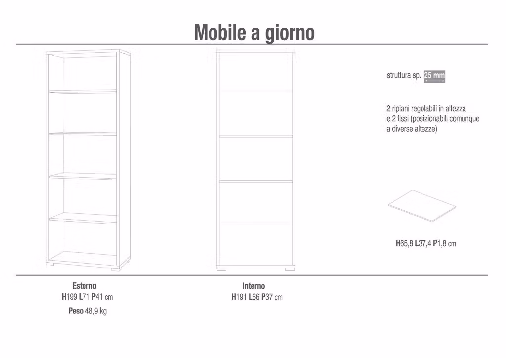 Libreria a giorno GIORDANOSHOP moderna in MDF grigio con ripiani regolabili L: 71 cm, P: 41 cm, H: 199 cm – 2