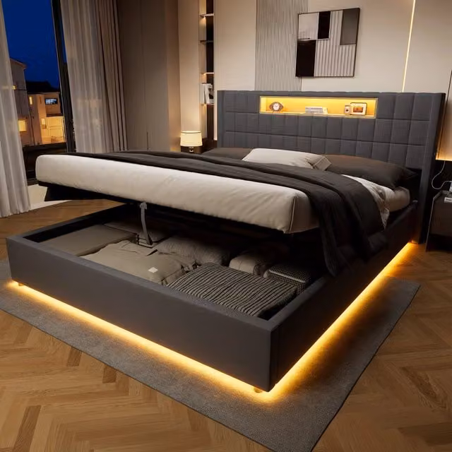 Maxi letto matrimoniale 180x200 cm a contenitore; testiera capitonnata con nicchia LED; USB e Type-C in velluto