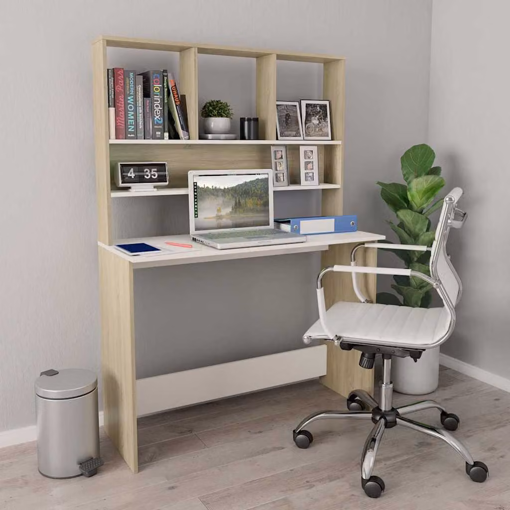 Scrivania con ripiani moderna vidaXL in legno bianco e rovere, L 110 cm x P 45 cm x H 157 cm