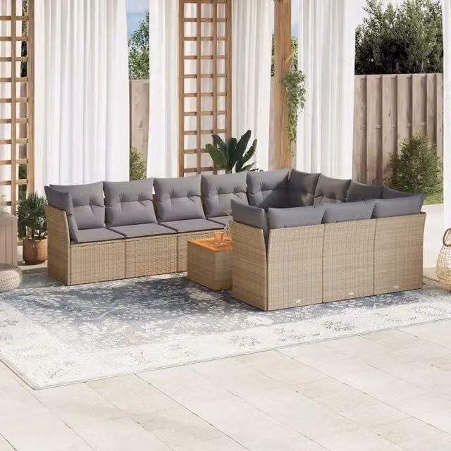 Set Divano da Giardino a L vidaXL in Polyrattan con Cuscini Beige e Grigio, 11 Pezzi con Tavolino da Caffè e Elementi Angolari – 1