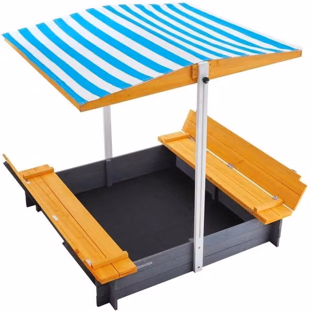 Sabbiera in legno con tettuccio e panche pieghevoli per bambini 3-12 anni, beige e multicolore, L/P/H: 120 x 120 x 145,5 cm