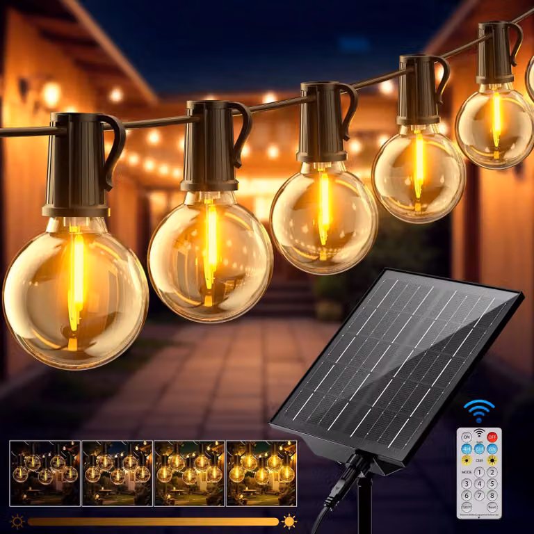 Catena luminosa solare, 17 metri, 24+1 LED G40, luce bianco caldo 2700 K, grado di protezione IP44