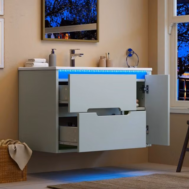 Mobile bagno sospeso con 2 cassetti, vano con ripiani regolabili, lavabo in ceramica e LED per bagno 81×47×51 cm
