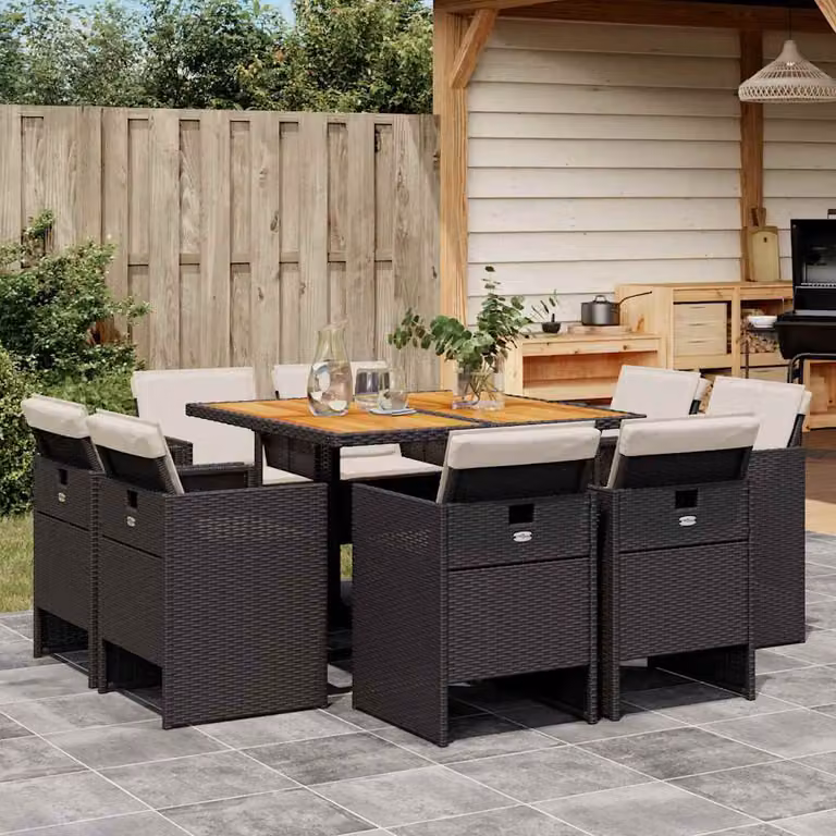 Set da pranzo da giardino vidaXL in polyrattan e legno di acacia con 9 pezzi e cuscini nero, marrone o bianco