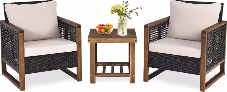 COSTWAY Set di 3 mobili da giardino in rattan, set da balcone in legno e sedie, set da salotto in polyrattan con cuscini di seduta lavabili, set di sedute da esterno, gruppo di sedute terrazza giardino balcone