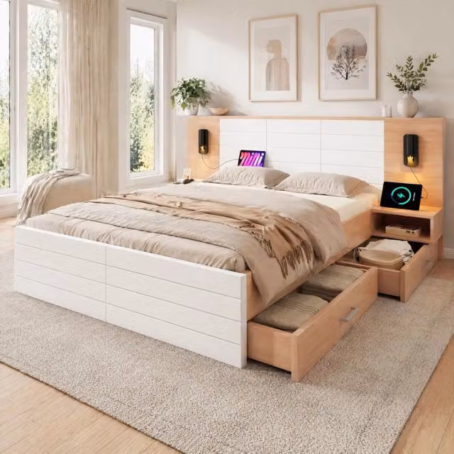 Letto REDOM moderno con cassetti, luce da lettura e porta USB, Bianco/Effetto Rovere, L/P/H: 180 x 200 x 95,1 cm