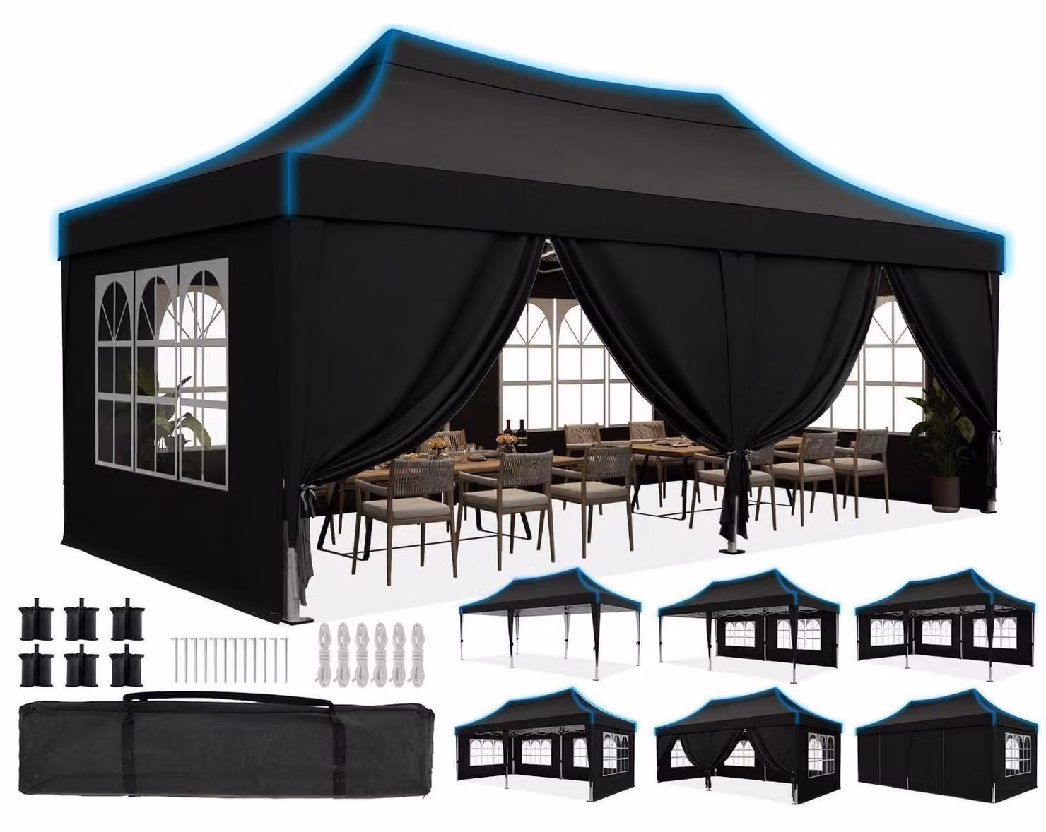 Tenda da giardino 3x6 metri, impermeabile, con pareti laterali, protezione UV 50+, struttura in acciaio, tetto a spiovente, colore nero