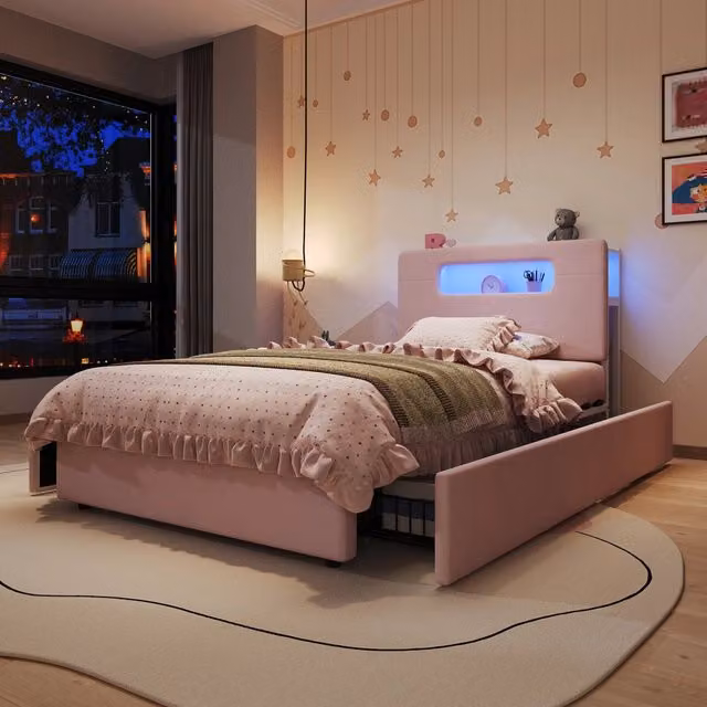 Letto imbottito rosa 90x200 cm con 4 cassetti; testiera contenitore e luce LED per cameretta