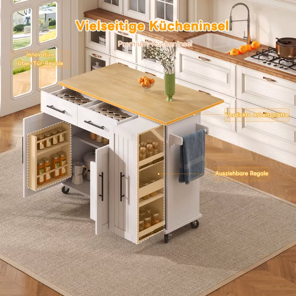 Isola da cucina REDOM con piano pieghevole in MDF bianco e naturale L 120 cm, P 40 cm, H 90 cm – 2