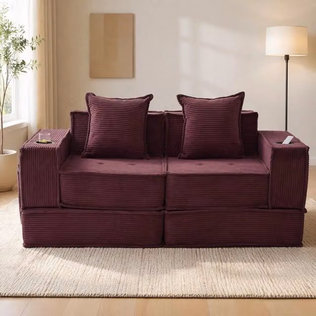 Divano moderno REDOM in tessuto a coste rosso vino con 2 cuscini L/P/H: 162 x 78 x 66 cm
