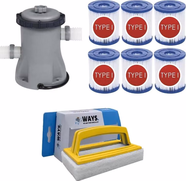 WAYS - Cura della piscina - Pompa filtro 1249 L/h & 6 filtri tipo I & spazzola WAYS