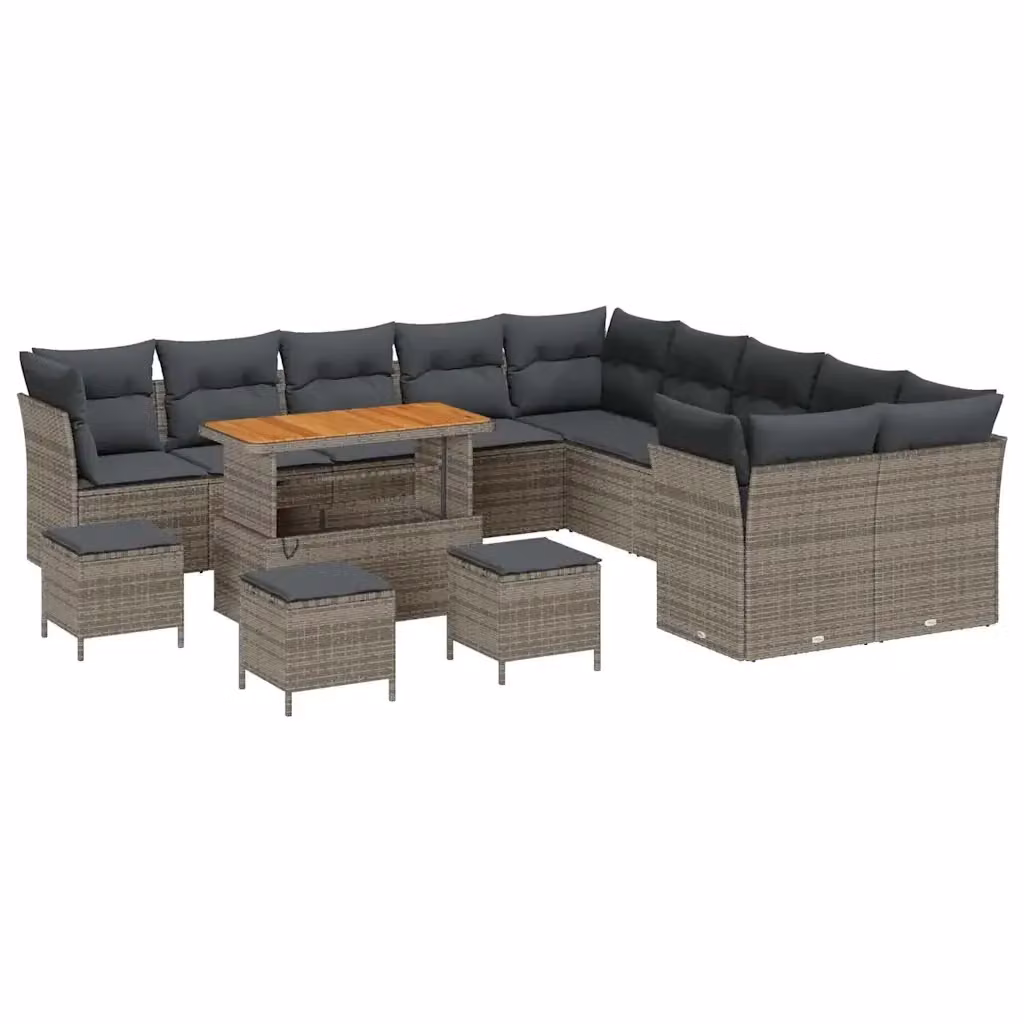 Set Divano da Giardino vidaXL 14 Pezzi Grigio con Poltrone, Ottoman e Tavolino da Caffè in Polyrattan e Acciaio – 2