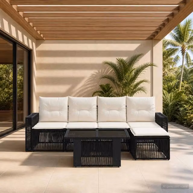 Set Divano da Giardino 6 pz Nero e Bianco Crema polyrattan 3436783