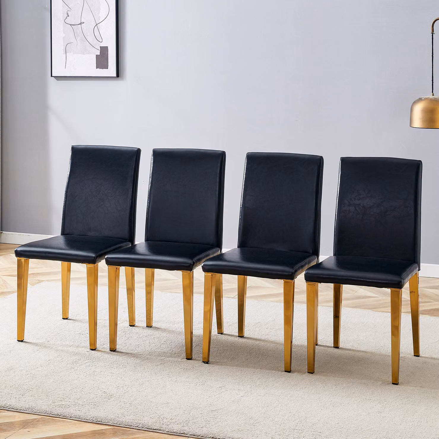 Set di 4 sedie da pranzo, design minimalista, rivestite in ecopelle, gambe in metallo, stile lussuoso e leggero (nero e oro)