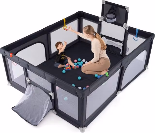 Recinto da gioco per bambini pieghevole con porta a cerniera, rete traspirante e canestro da basket, Grigio antracite, L: 188 cm, P: 157 cm, H: 69 cm – 1