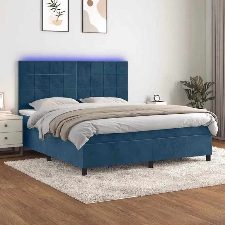 Letto Ibrido vidaXL in Velluto Blu con Materasso, Illuminazione LED Sotto il Letto e Porte USB, L/P/H: 160 x 200 x 128 cm
