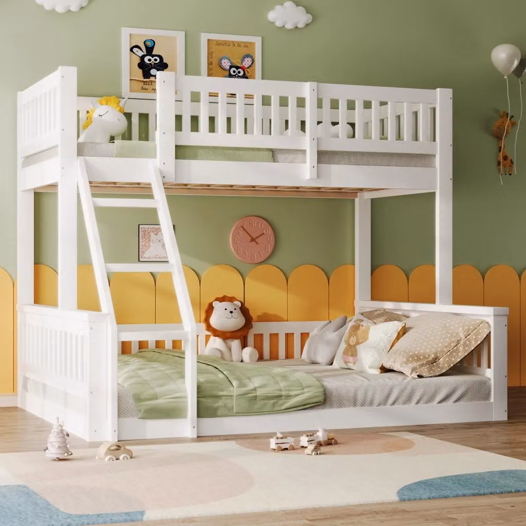 Letto a castello per bambini in pino bianco con scala e sponde, stile scandinavo, L/P/H: 90 x 200 x 205 cm – 2