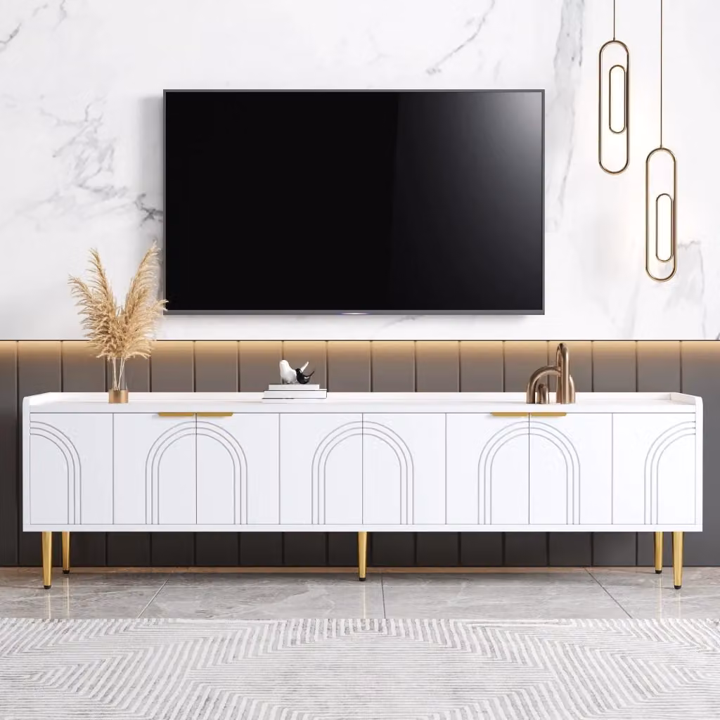 Mobile porta TV moderno OKWISH in MDF bianco con vani interni, passacavi e piedi in metallo dorato per soggiorno L: 170 cm, P: 35 cm, H: 47,5 cm – 2