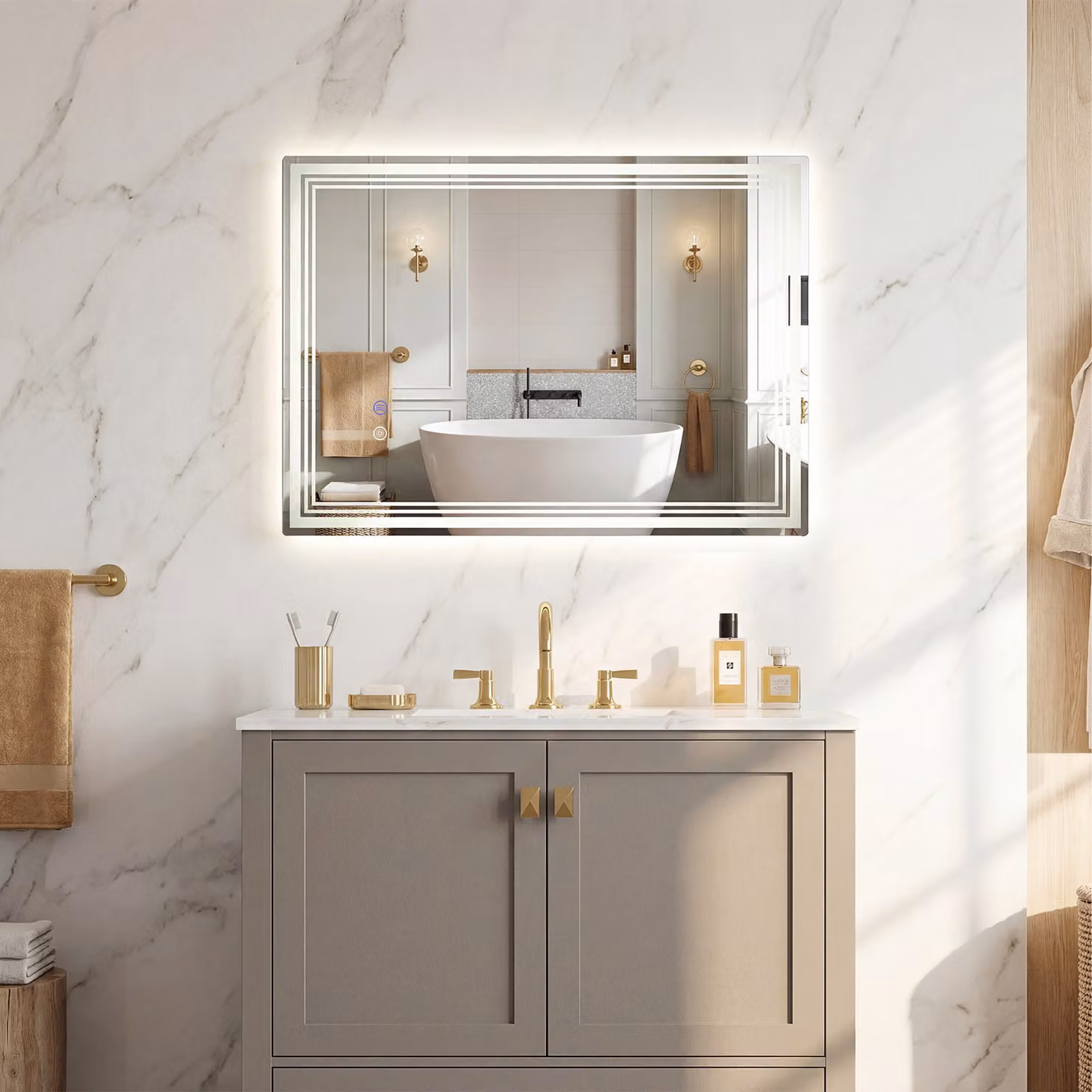 Specchio da bagno Costway rettangolare con LED regolabile, antiappannamento e controllo touch, vetro temperato bianco, L: 70 cm, H: 50 cm