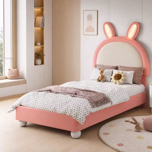 Letto singolo imbottito 90 × 200 cm con testiera a coniglio LED in PU rosa e bianco con rete a doghe
