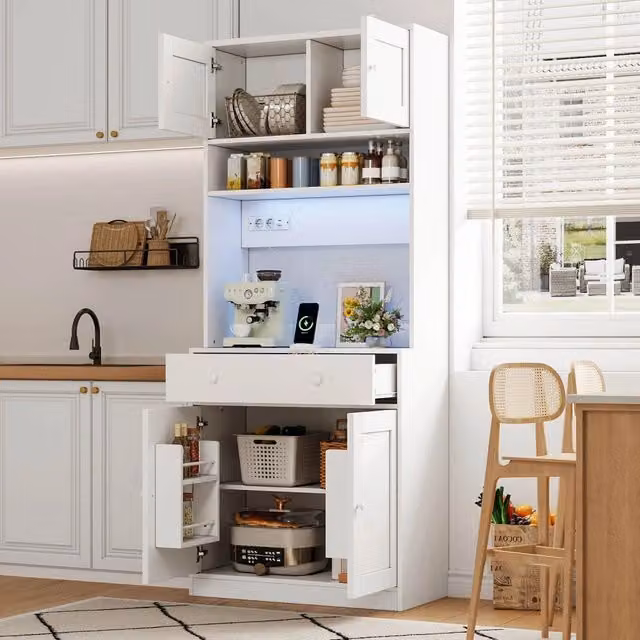Armadio da cucina alto 180 cm con LED, presa elettrica, ripiano per spezie e grande cassetto. Mobile per cucina, sala da pranzo e soggiorno
