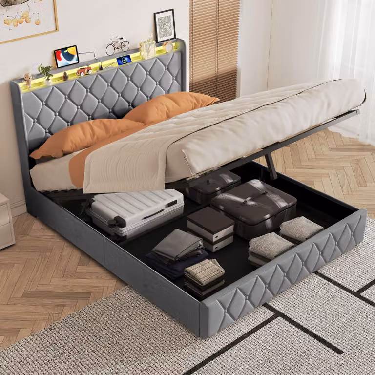 Letto imbottito 160x200 cm con contenitore, luci LED RGB, porta USB-C, sistema di sollevamento idraulico, spazio contenitivo, testiera imbottita, letto matrimoniale grigio