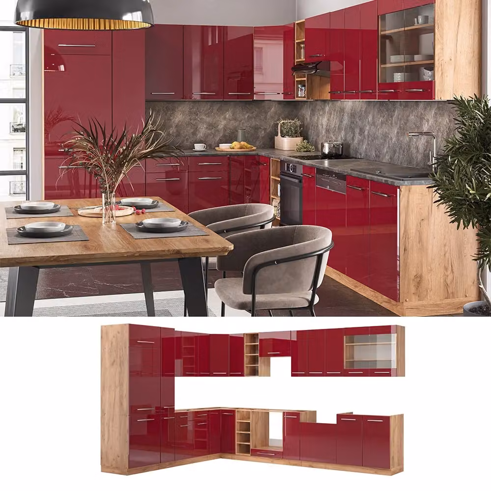 Cucina angolare completa Vicco Fame-Line Bordeaux lucido e Rovere dorato L: 347 cm, P: 257 cm – 2