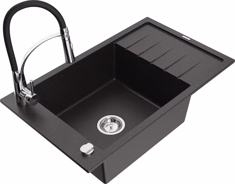 Mexen Elias lavello in granito a 1 vasca con scolapiatti e rubinetto da cucina Aster, nero/oro metallico - 6511-75-73450-70