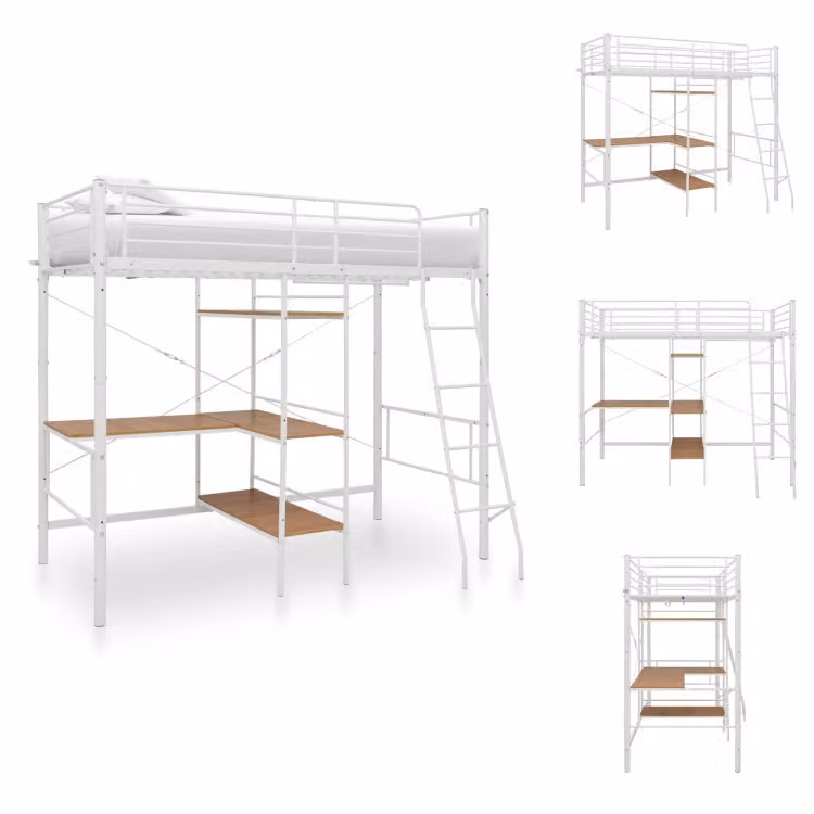 vidaXL Letto a castello con tavolo in metallo bianco 90x200 cm - Letti e strutture letto