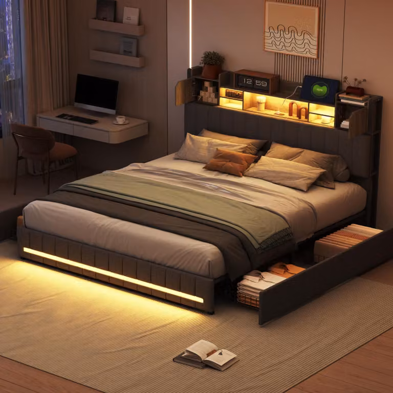 Letto (140 x 200 cm) con testata LED e USB, 4 cassetti, rete a doghe, rivestimento in lino, grigio