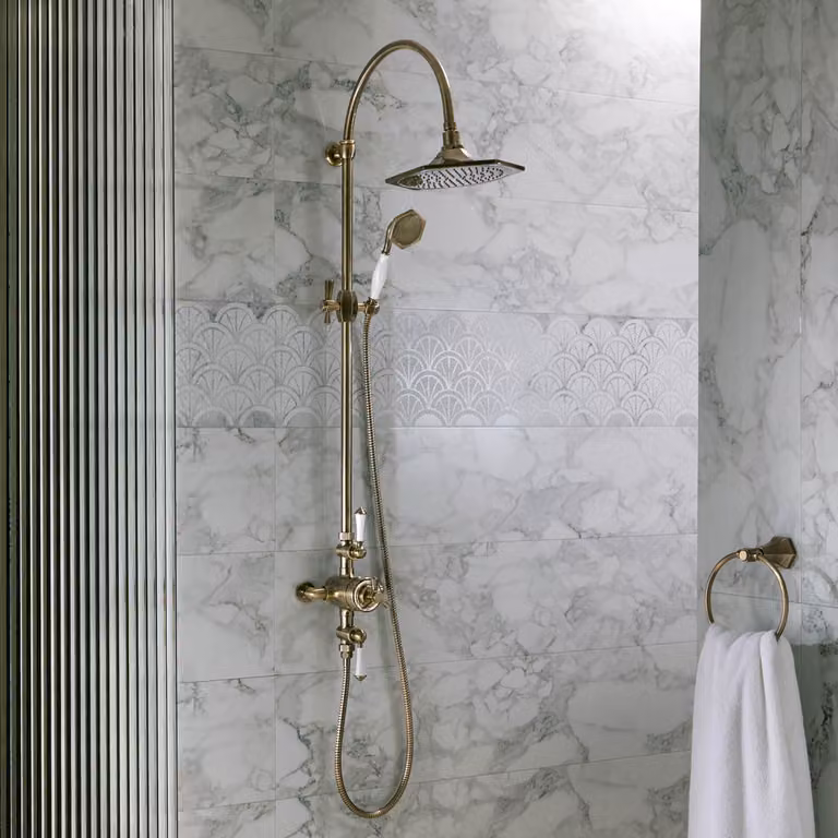 Colonna Doccia Art Deco con Miscelatore Termostatico Esposto (2 vie) - Ottone Spazzolato - Earlham