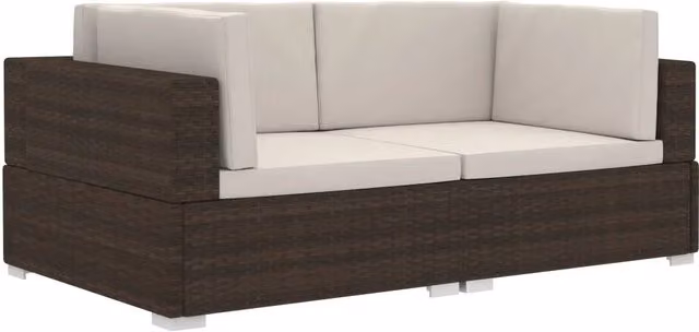 Set di 2 Poltrone Modulari ad Angolo in Polyrattan Marrone con Cuscini Bianchi per Giardino
