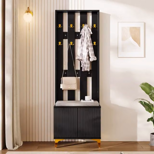 Mobile guardaroba da ingresso moderno con panca, ganci e ripiani interni, finitura nera opaca con dettagli oro e grigio, L: 60 cm, P: 35,2 cm, H: 180,5 cm